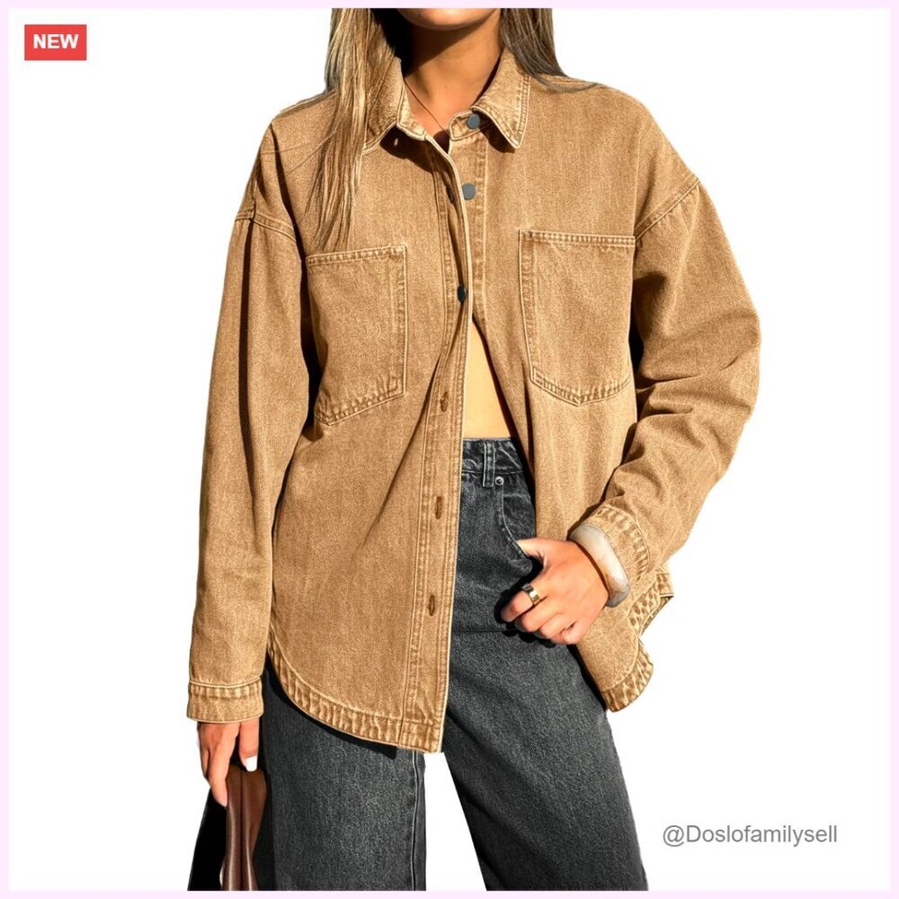 Oversized Denim Shirt Button Down Blouse Distressed Long Sleeve Women's Top